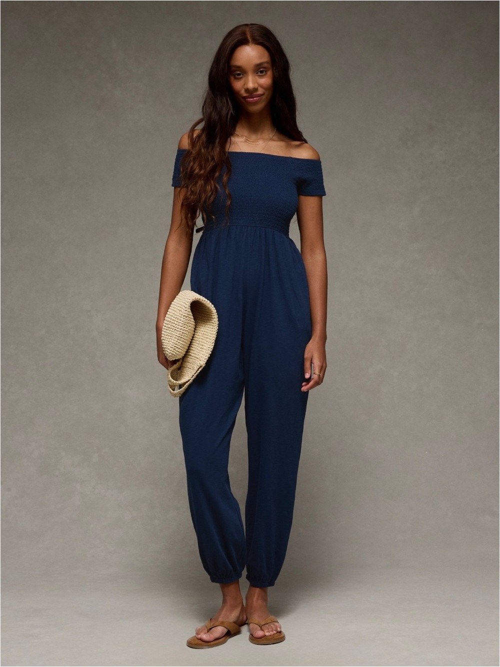 NWT American Eagle “Sunchaser” navy smocked off-the-shoulder jumpsuit (large)